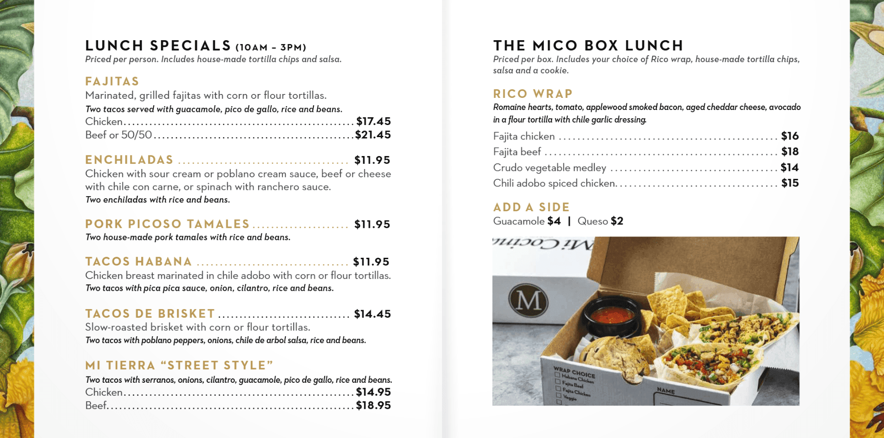 Digital Mexican restaurant lunch menu example on Dir.Menu